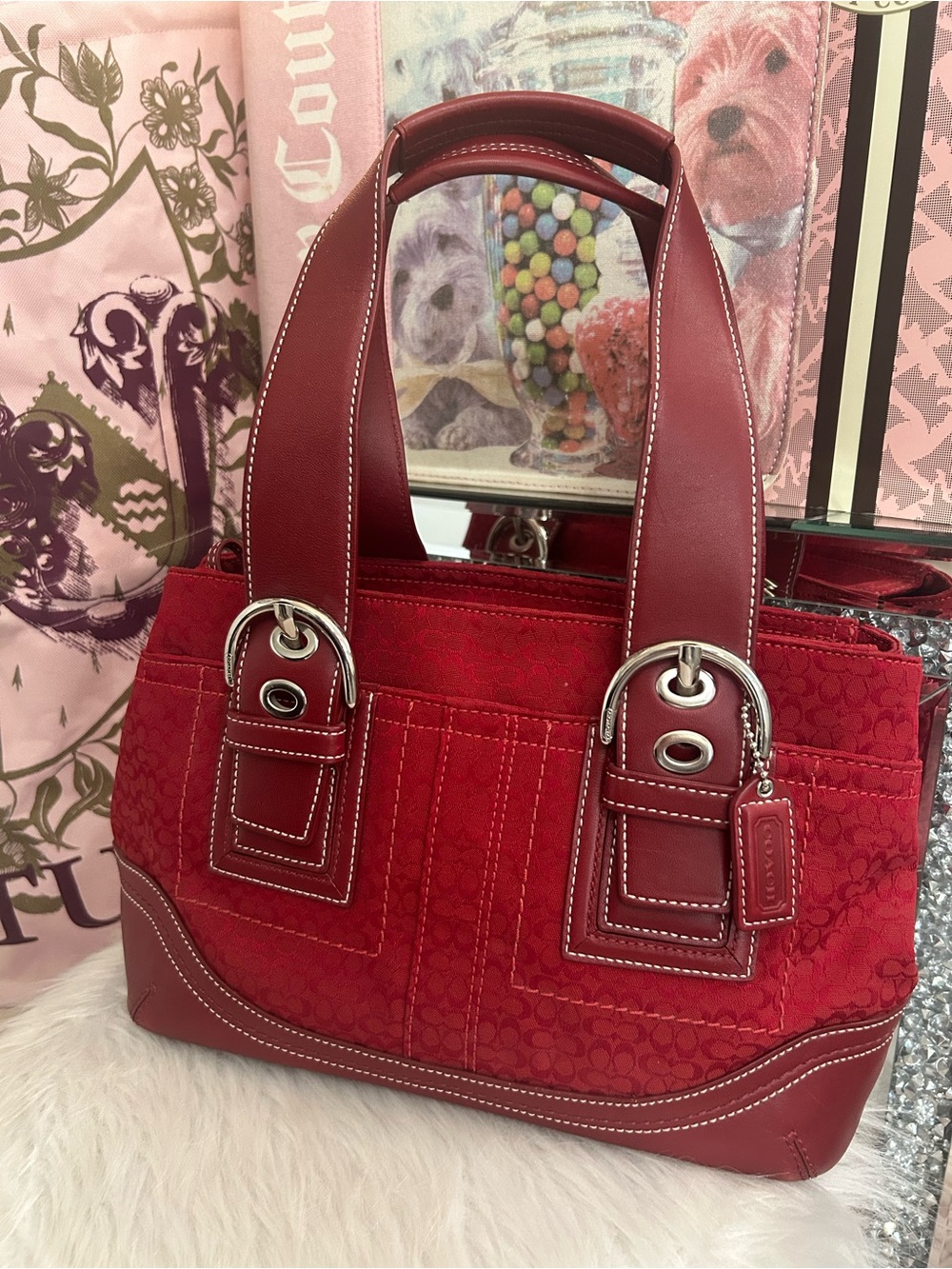 Y2K Vintage 2007 Coach SoHo Cherry Red Canvas Signature C Logo Tote Shoulder Bag